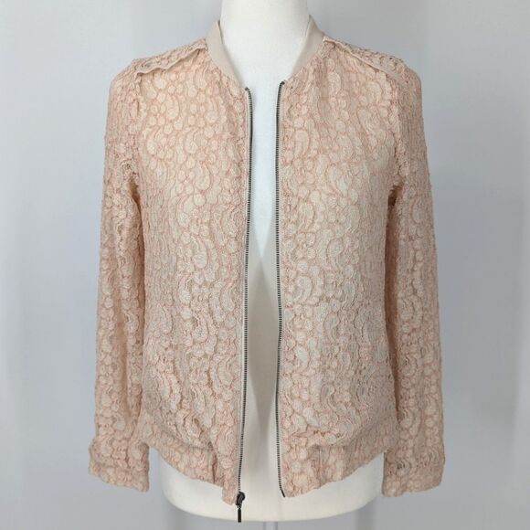 Lauren Conrad LC Light Blush Pink Floral Lace Zip Up Bomber Jacket Lined Size 6 - Picture 2 of 7